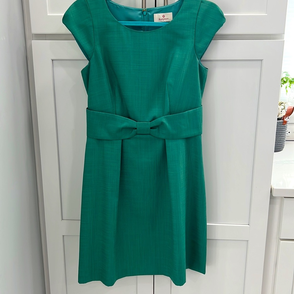 Vintage Unique Center Bow Green Flare Dress Size Small